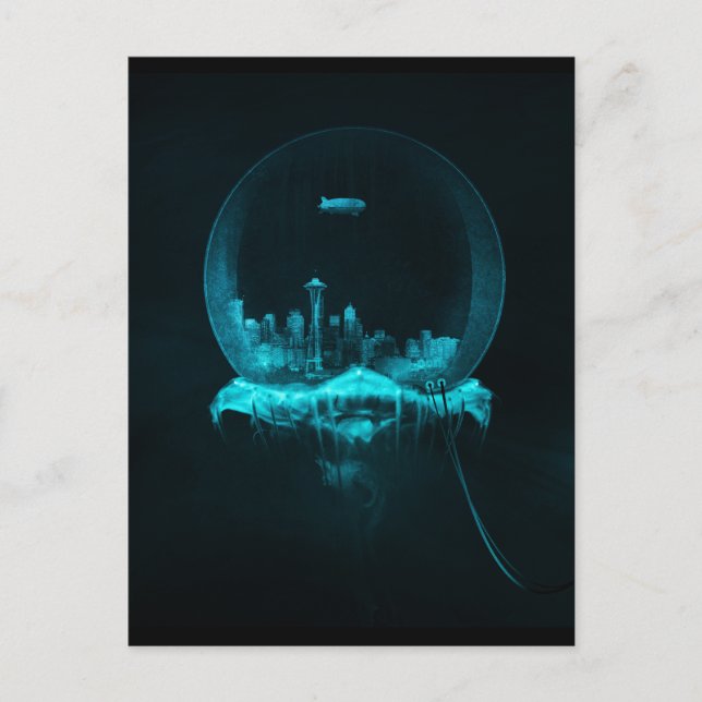 Fantasistad i en Snowglobe med en litet luftskepp Vykort (Framsida)