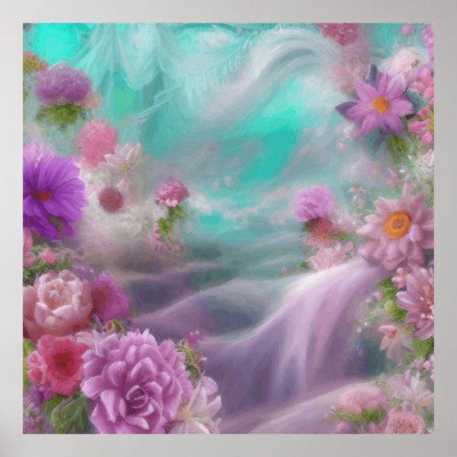 Fantassiska trädgårdar med blommor och Rosa vatten Poster (Framsidan)