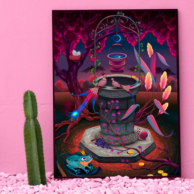 Fantassiska trädgårdsodlare måne önskar lycka till vykort (wishing well fantasy art postcard, vibrant colorful birds and fairy tale frog prince)