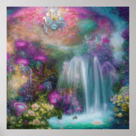 Fantasslgarden med blommor och kalkylvatten poster