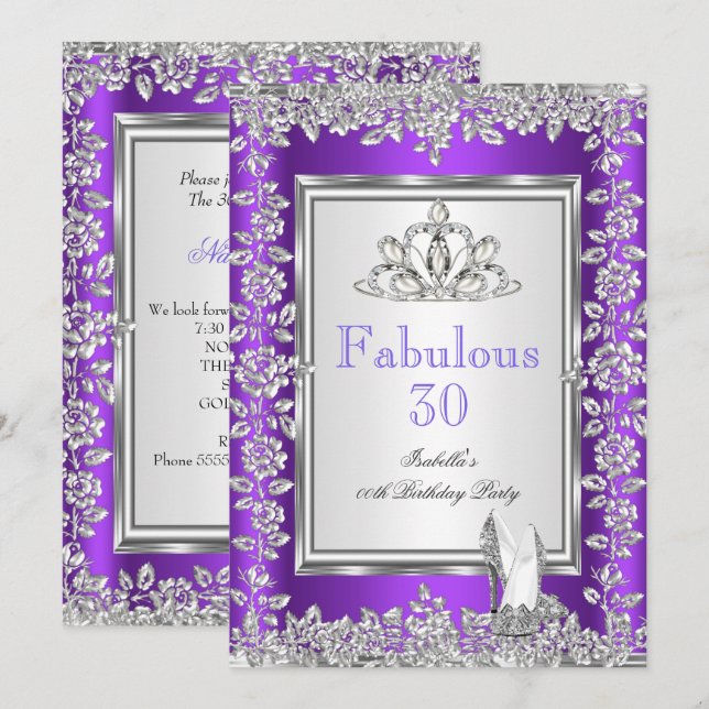 Fantastisk 30-års födelsedagsfest Lila Silver Skor Inbjudningar (Fram/baksida)