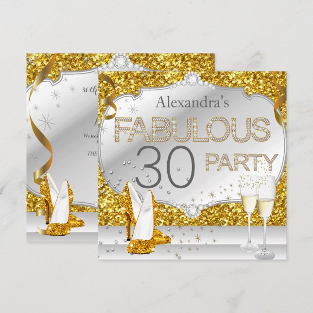 Fantastisk 30-guld glitter glamour födelsedagsfest inbjudningar (Fram/baksida)