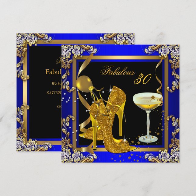 Fantastisk 30 Royal Blue Guld Födelsedagsfest Inbjudningar (Fram/baksida)