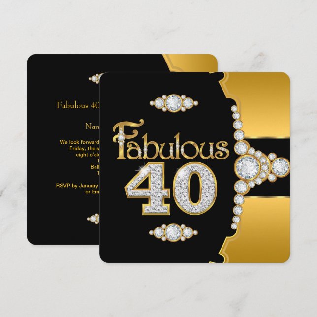 Fantastisk 40 40-årsdag Guld Svart Diamant Inbjudningar (Fram/baksida)