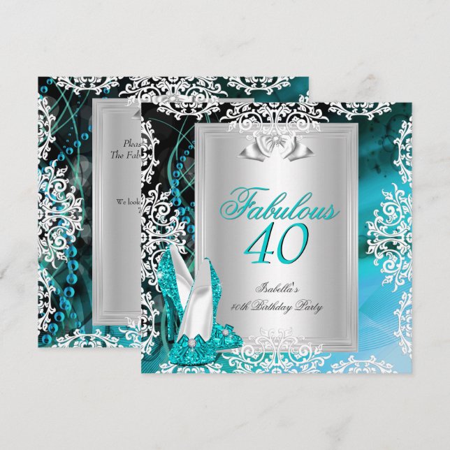 Fantastisk 40 40-årsfest Blå Teal Skor 2 Inbjudningar (Fram/baksida)