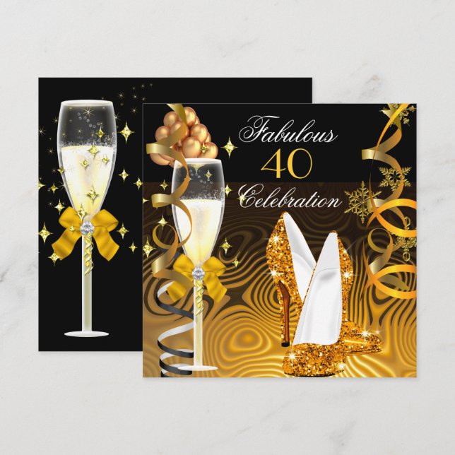 Fantastisk 40 Guld Gul Glitter Födelsedagsfest Inbjudningar (Fram/baksida)