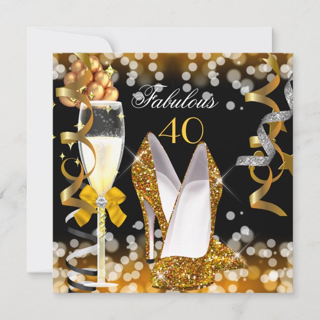 Fantastisk 40 Guld Svart Gul  Bubblor Party Inbjudningar (Framsida)