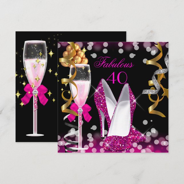 Fantastisk 40 Het Rosa Guld Svarta Bubblor Party Inbjudningar (Fram/baksida)