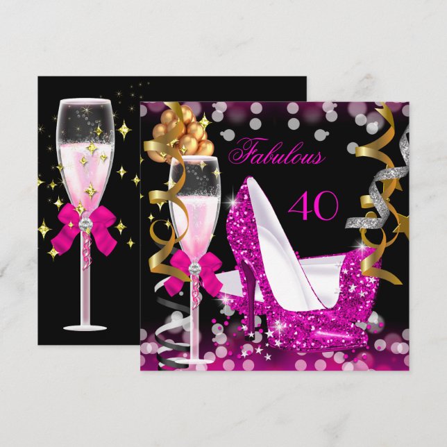 Fantastisk 40 Hetrosa Guld Bubblor Glitter Fest Inbjudningar (Fram/baksida)