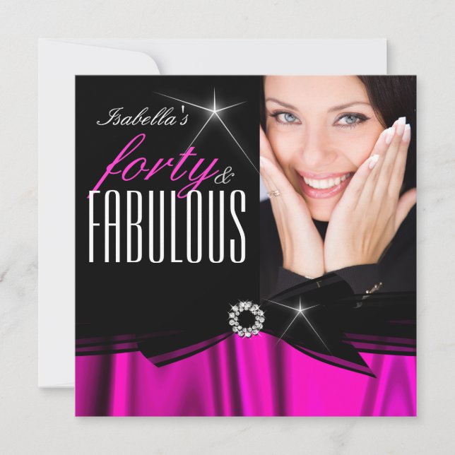 Fantastisk 40 Hot Pink Silke Svart Elegant Födelse Inbjudningar (Framsida)