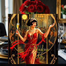 Fantastisk 50-års 1920-talets Art deco Kvinna Röd Inbjudningar