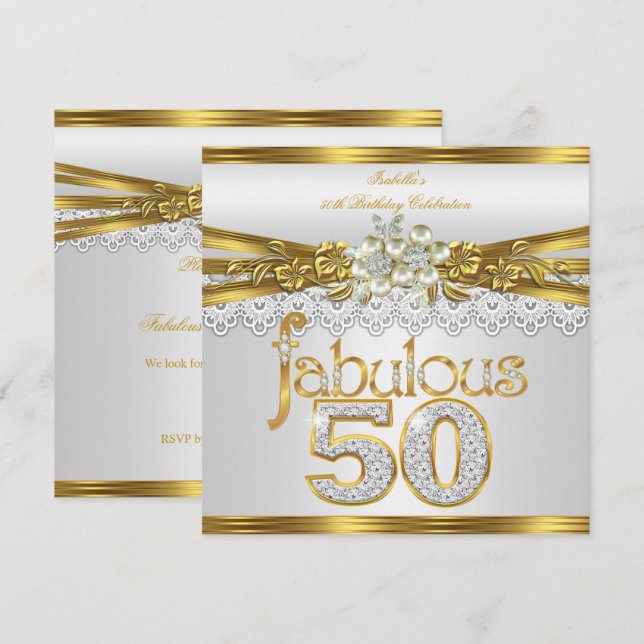 Fantastisk 50-års födelsedag Vit Pärla Guld Spets Inbjudningar (Fram/baksida)