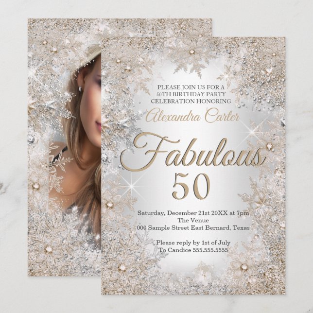 Fantastisk 50-års födelsedagsfoto Silver Beige Snö Inbjudningar (Fram/baksida)