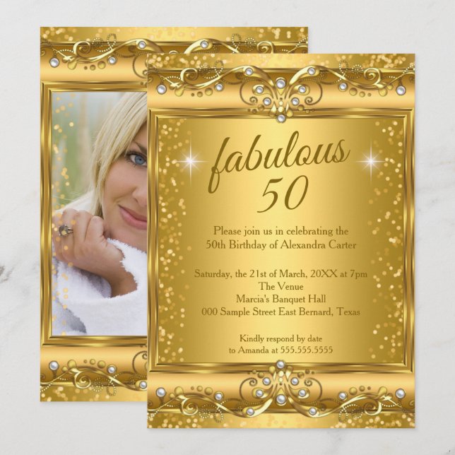 Fantastisk 50-års fotofest blänkande Guld födelsed Inbjudningar (Fram/baksida)