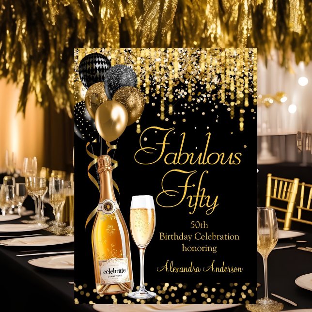 Fantastisk 50-års Glitter Guld Svart Champagne Inbjudningar (Skapare uppladdad)