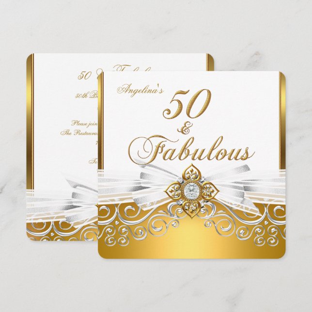 Fantastisk 50-års White Gold Damask Födelsedagsfes Inbjudningar (Fram/baksida)