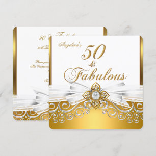 Fantastisk 50-års White Gold Damask Födelsedagsfes Inbjudningar