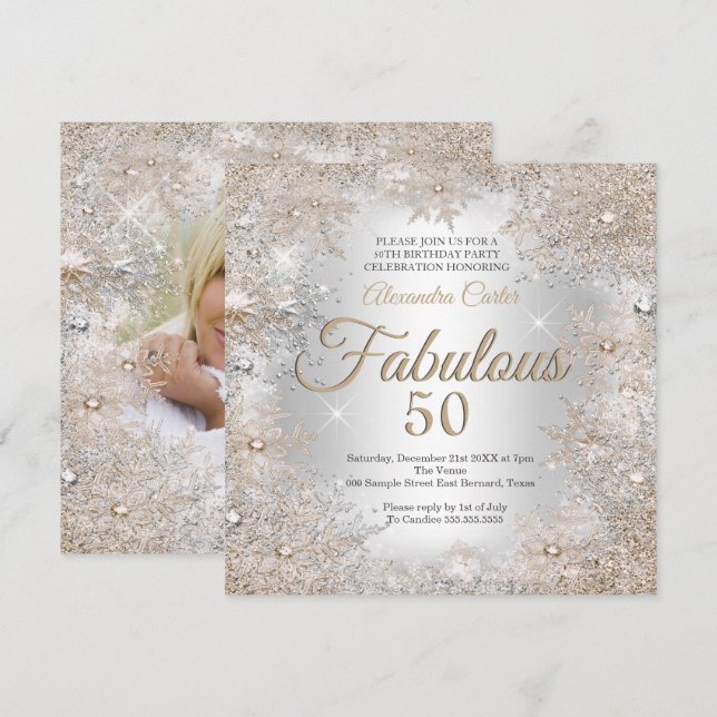 Fantastisk 50-årsfest Foto Silver Beige Snöflingor Inbjudningar (Fram/baksida)