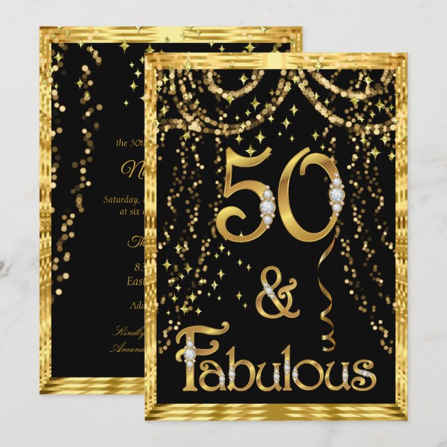 Fantastisk 50-årsfest Guld Svart Konfetti Inbjudningar (Fram/baksida)