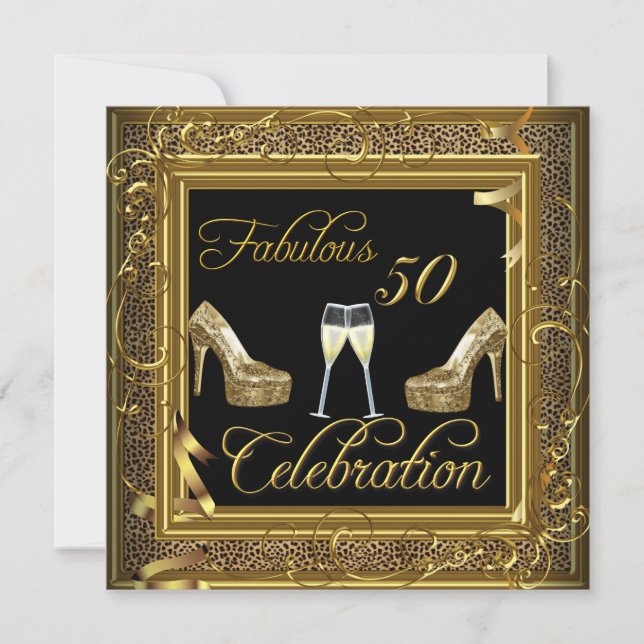Fantastisk 50-årsfirande Guld Svart Champagne Inbjudningar (Framsida)