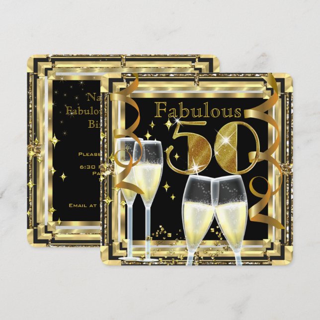 Fantastisk 50 Champagne Deco Guld Födelsedagsfest Inbjudningar (Fram/baksida)