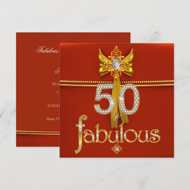 Fantastisk 50 Diamant Guld Djupröd Födelsedagsfest Inbjudningar (Fram/baksida)