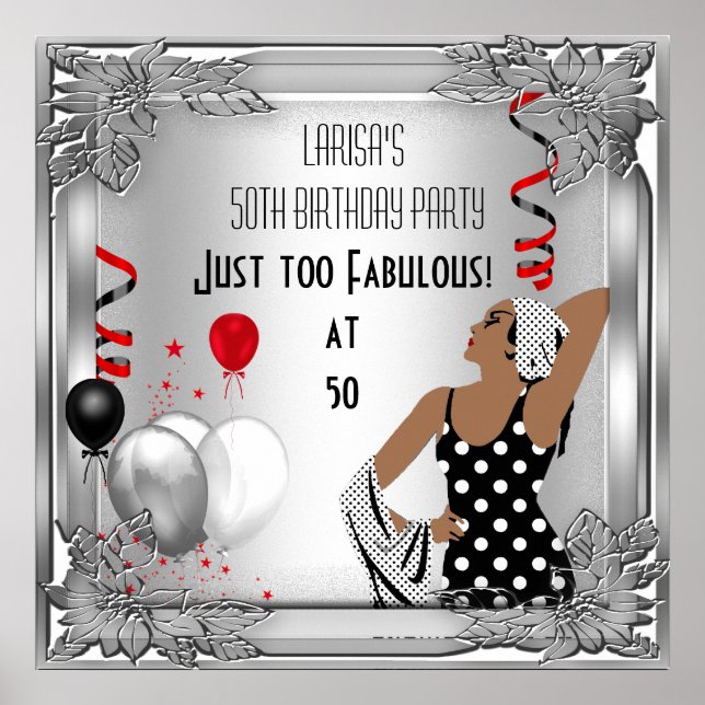 Fantastisk 50 Diva Art Deco Födelsedagsbanner Röd Poster (Framsidan)