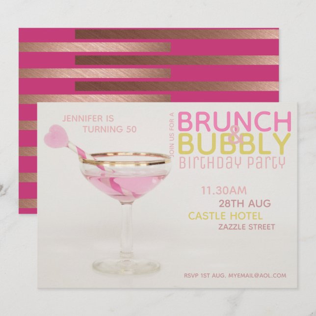 Fantastisk 50:e BRUNCH BUBBLY Cocktail ROSA GULD Inbjudningar (Fram/baksida)