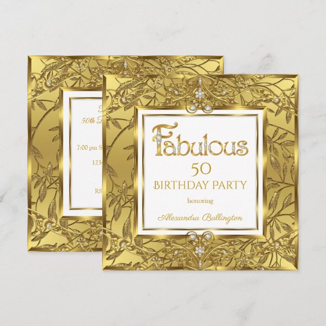 Fantastisk 50 Elegant Elite Guld Födelsedagsfest Inbjudningar (Fram/baksida)