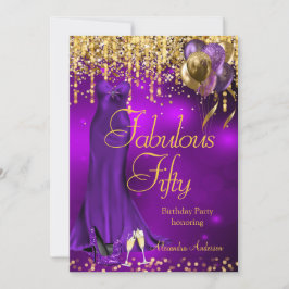 Fantastisk 50-fest lila glitter guldklackar klänni inbjudningar