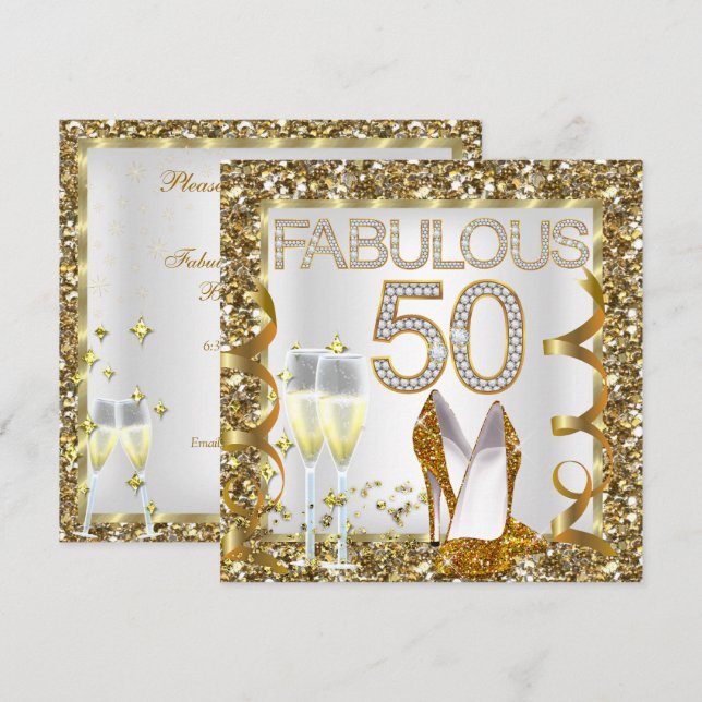 Fantastisk 50 Glitter Vit Guld Födelsedagsfest Inbjudningar (Fram/baksida)