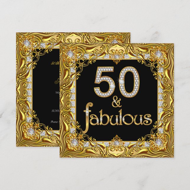 Fantastisk 50-guld diamant på svart födelsedagsfes inbjudningar (Fram/baksida)