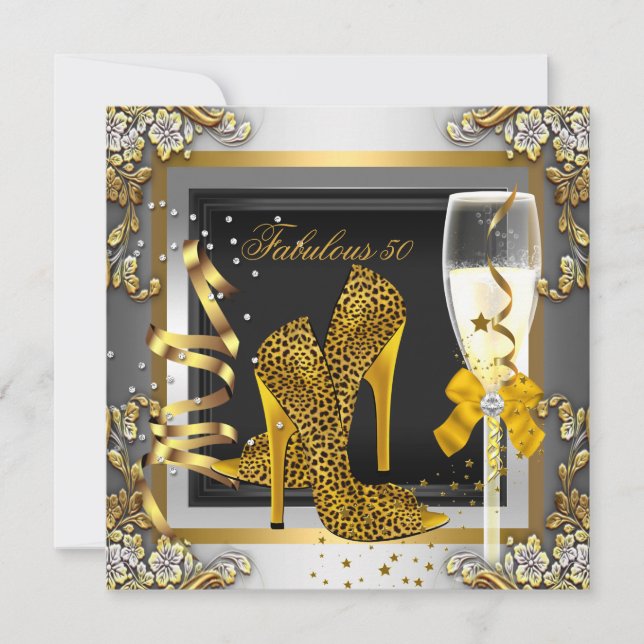 Fantastisk 50-guld leopard silver champagne födels inbjudningar (Framsida)