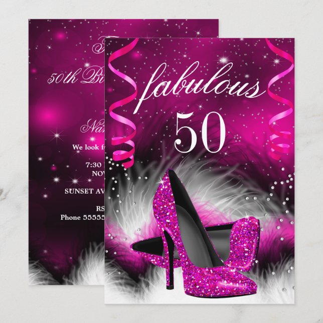 Fantastisk 50 Hot Pink Höga Klackar Födelsedagsfes Inbjudningar (Fram/baksida)