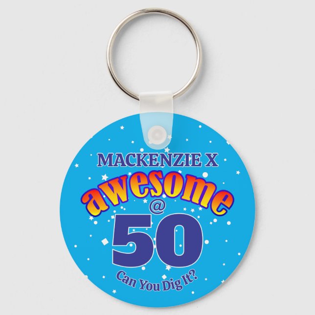 FANTASTISK 50 Ljust BLUE-födelsedag Nyckelring (Framsida)