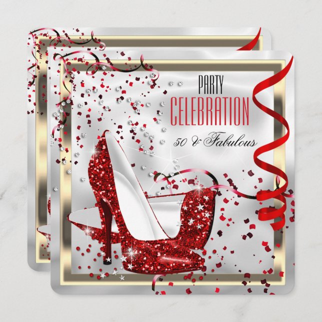 Fantastisk 50 röd svart vit födelsedagsfest inbjudningar (Fram/baksida)
