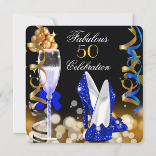 Fantastisk 50 Royal Blå Svart Guld Födelsedagsfest Inbjudningar