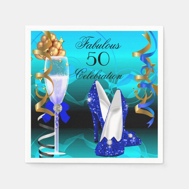 Fantastisk 50 Royal blå Teal Guld Födelsedagsfest Pappersservett (Framsidan)