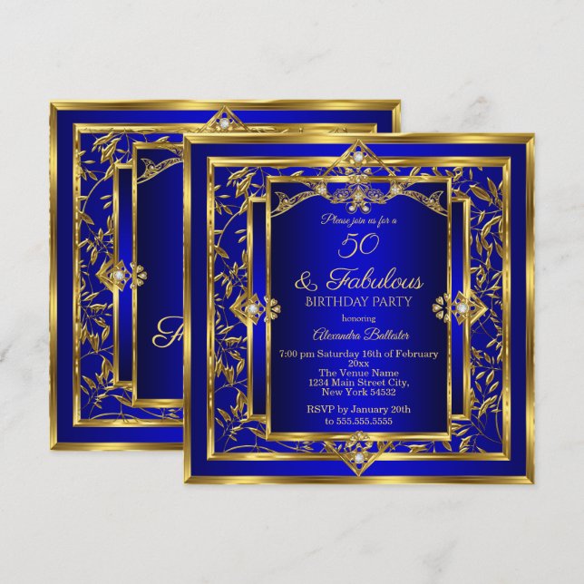 Fantastisk 50 Royal Blue Guld Damask Födelsedagsfe Inbjudningar (Fram/baksida)