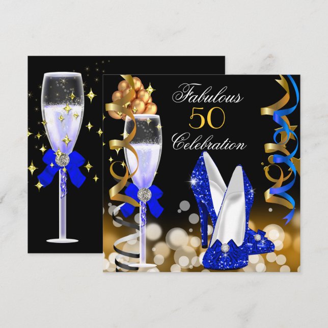Fantastisk 50 Royalblå Svart Guld Födelsedagsfest Inbjudningar (Fram/baksida)