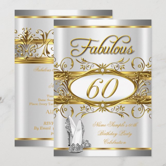 Fantastisk 60-årsdag Guld Silver Höga Klackar 60 Inbjudningar (Fram/baksida)