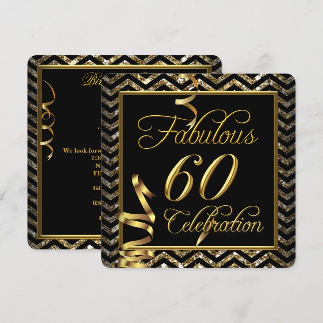Fantastisk 60 Chevron Guld Svart Födelsedagsfest Inbjudningar (Fram/baksida)
