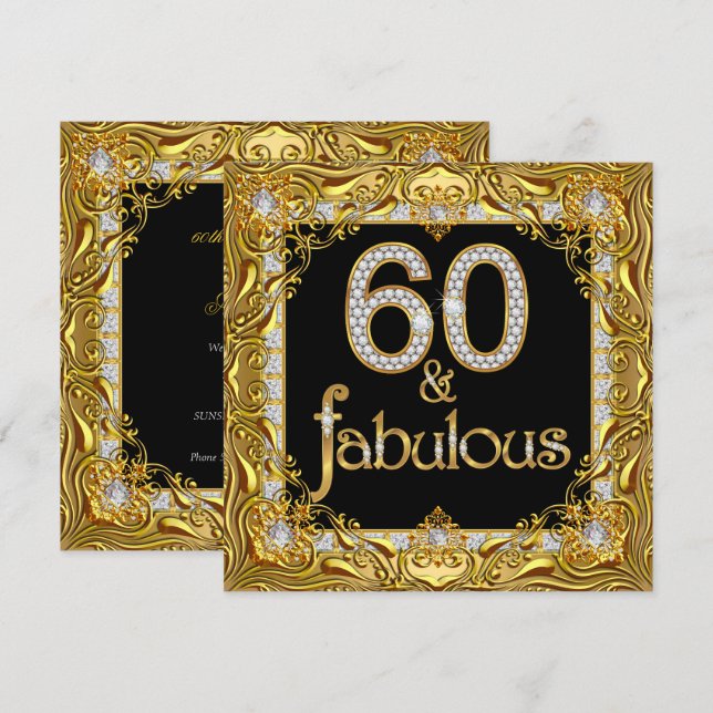 Fantastisk 60-guld-diamant-svart 60-årsfest inbjudningar (Fram/baksida)