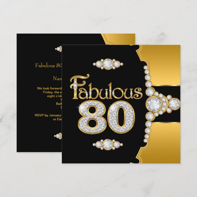 Fantastisk 80-års födelsedag Guld Svart Diamant Inbjudningar (Fram/baksida)