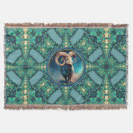 Fantastisk Aries Zodiac Grönt Blue Fractal Snöre Filt
