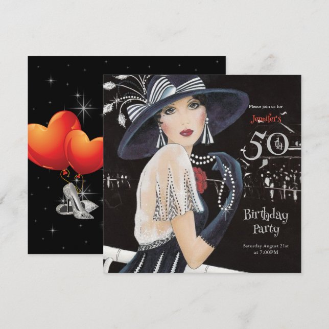 Fantastisk Art Deco 50:e födelsedagsinbjudan Inbjudningar (Fram/baksida)