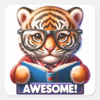 Fantastisk Baby Tiger Reading Sticker Fyrkantigt Klistermärke
