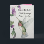 Fantastisk bister-in-juridik-födelsedagen Hummingb Kort<br><div class="desc">Fira din underbara svägerska födelsedag med en elegant hummingbird-design på ett charmerande hälsningskort. Skapat från min ursprungliga vattenfärgsmålning kommer den vackra lilla fågel- och blombilden att göra dagen ljusare för fågelskådare, trädgårdsmästare och älskare. Den speciellare kvinnan i ditt liv kommer att kärlek pastellens färger av kräm, rosa och grönt som...</div>