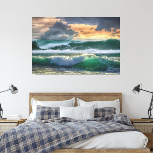 Fantastisk Blue/Grönt Oceanen Vinkart solnedgång Canvastryck