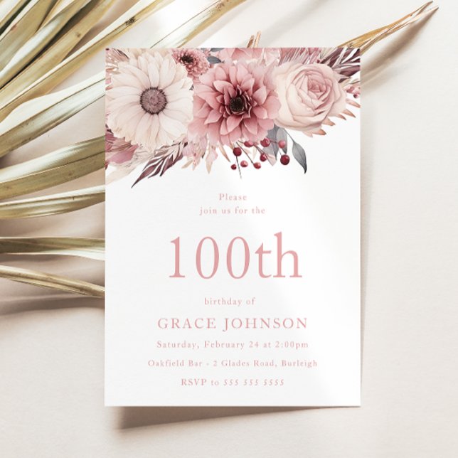 Fantastisk  Boho-Blommigt 100:e Födelsedagsfesten Inbjudningar (Skapare uppladdad)